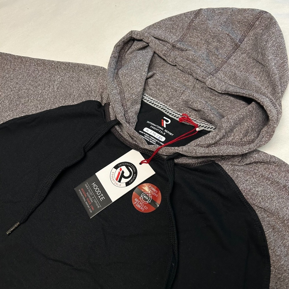 NWT International Report Essentials Hoodie Mens XL Black Gray Raglan Pullover